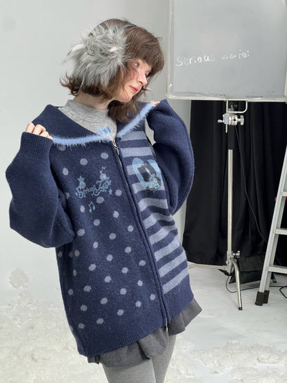 Navy Collar Print Slimming Sweater Cardigan Jacket【s0000015279】