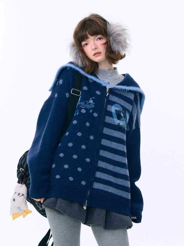 Navy Collar Print Slimming Sweater Cardigan Jacket【s0000015279】