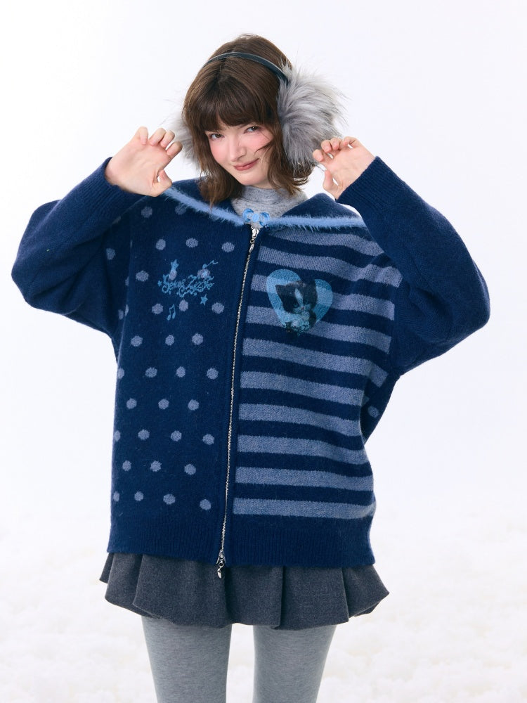 Navy Collar Print Slimming Sweater Cardigan Jacket【s0000015279】