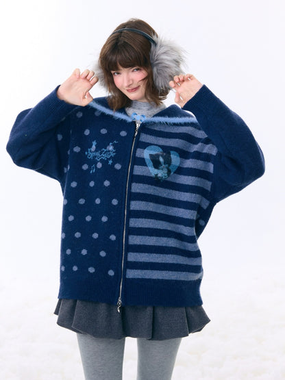 Navy Collar Print Slimming Sweater Cardigan Jacket【s0000015279】