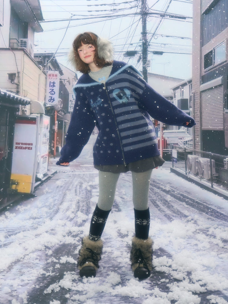 Navy Collar Print Slimming Sweater Cardigan Jacket【s0000015279】