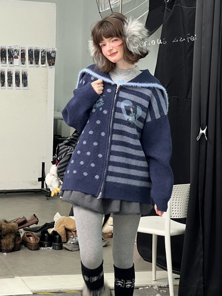 Navy Collar Print Slimming Sweater Cardigan Jacket【s0000015279】