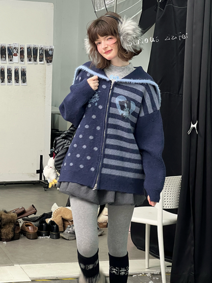 Navy Collar Print Slimming Sweater Cardigan Jacket【s0000015279】