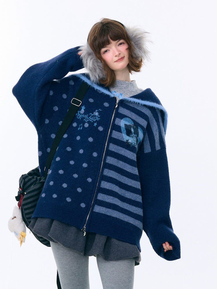 Navy Collar Print Slimming Sweater Cardigan Jacket【s0000015279】