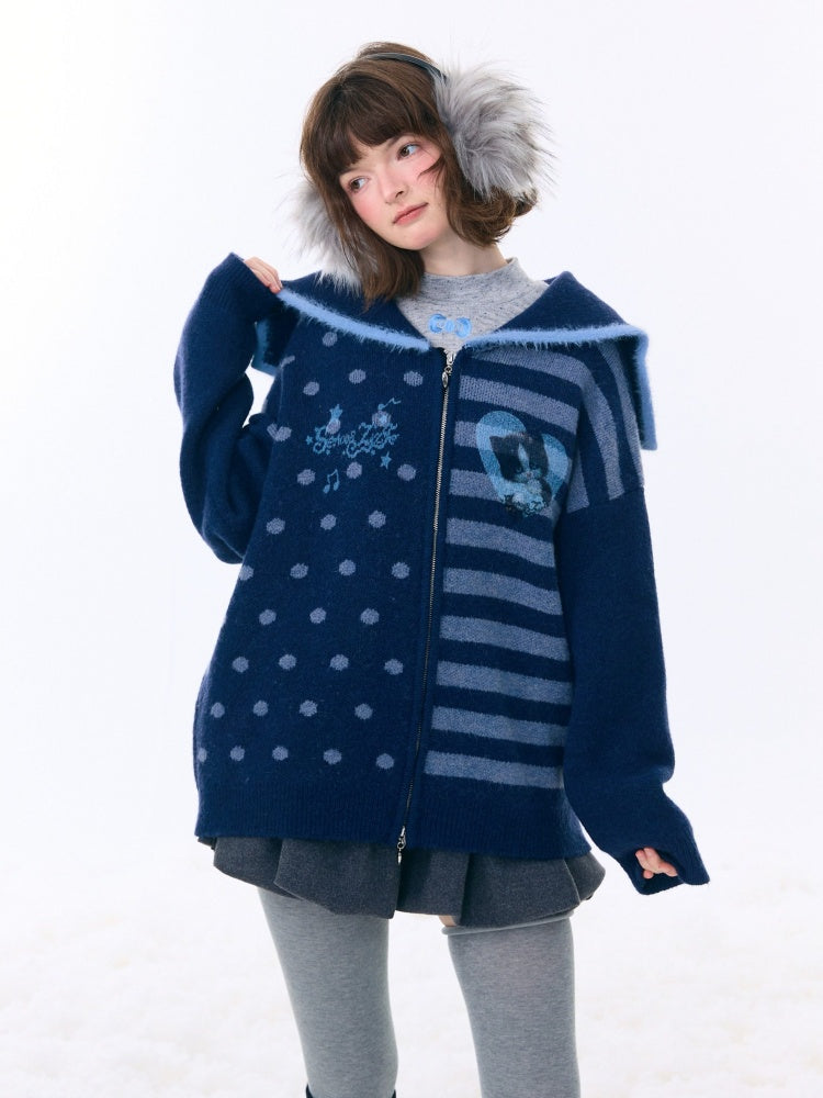 Navy Collar Print Slimming Sweater Cardigan Jacket【s0000015279】
