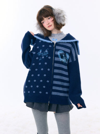 Navy Collar Print Slimming Sweater Cardigan Jacket【s0000015279】