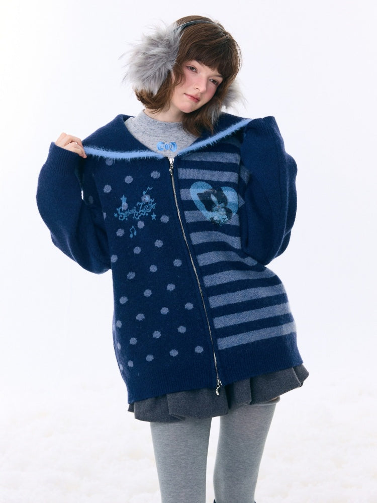 Navy Collar Print Slimming Sweater Cardigan Jacket【s0000015279】