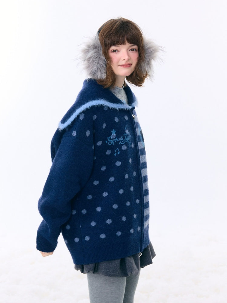 Navy Collar Print Slimming Sweater Cardigan Jacket【s0000015279】