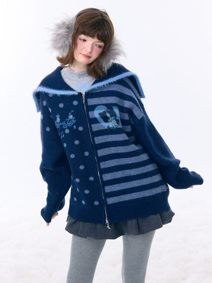 Navy Collar Print Slimming Sweater Cardigan Jacket【s0000015279】