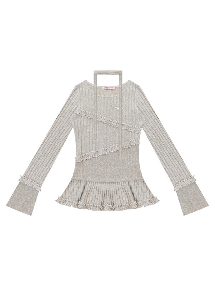 IrregularFungus Lace Hem Top Long Sleeve T-Shirt Knitted Base Shirt【s0000015278】