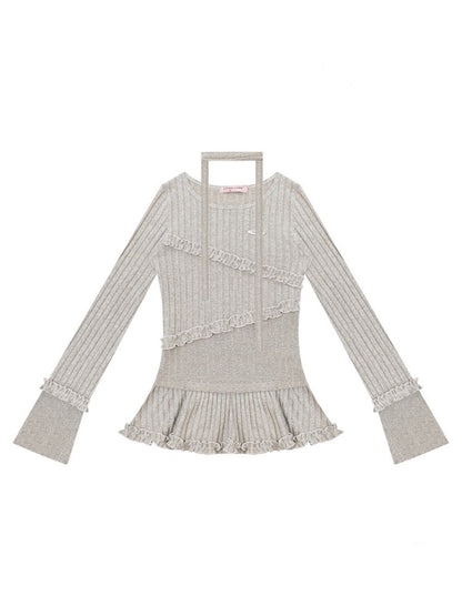 IrregularFungus Lace Hem Top Long Sleeve T-Shirt Knitted Base Shirt【s0000015278】