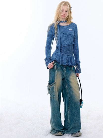 IrregularFungus Lace Hem Top Long Sleeve T-Shirt Knitted Base Shirt【s0000015278】