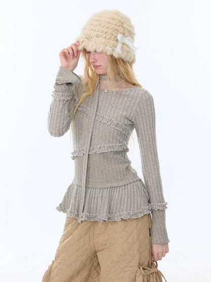 IrregularFungus Lace Hem Top Long Sleeve T-Shirt Knitted Base Shirt【s0000015278】