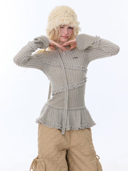 IrregularFungus Lace Hem Top Long Sleeve T-Shirt Knitted Base Shirt【s0000015278】
