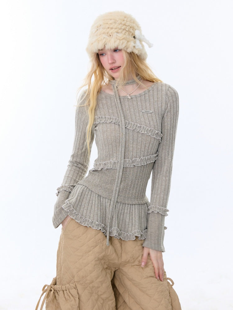 IrregularFungus Lace Hem Top Long Sleeve T-Shirt Knitted Base Shirt【s0000015278】
