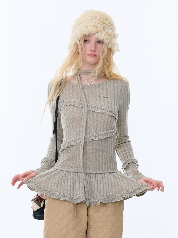 IrregularFungus Lace Hem Top Long Sleeve T-Shirt Knitted Base Shirt【s0000015278】