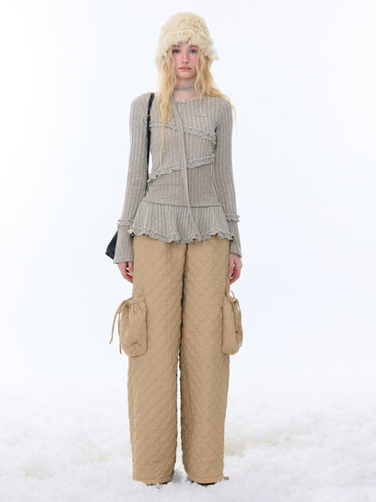 IrregularFungus Lace Hem Top Long Sleeve T-Shirt Knitted Base Shirt【s0000015278】