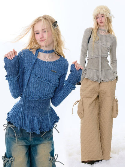 IrregularFungus Lace Hem Top Long Sleeve T-Shirt Knitted Base Shirt【s0000015278】