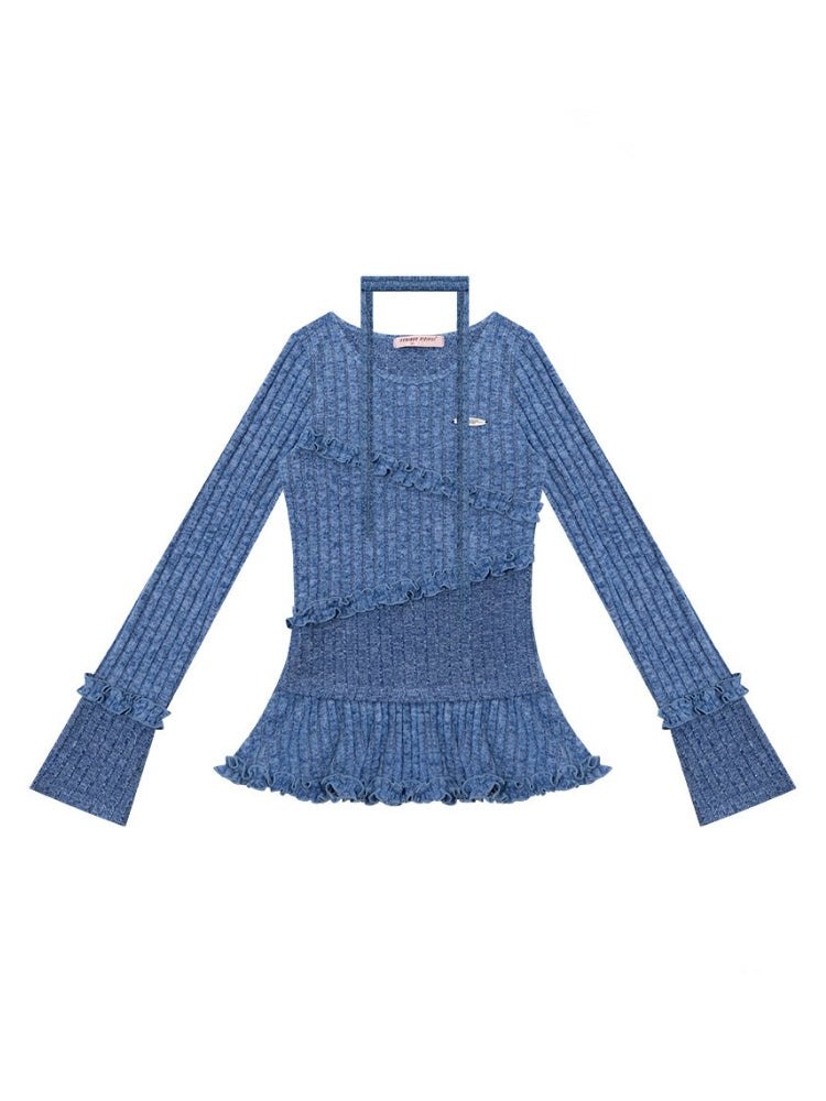 IrregularFungus Lace Hem Top Long Sleeve T-Shirt Knitted Base Shirt【s0000015278】