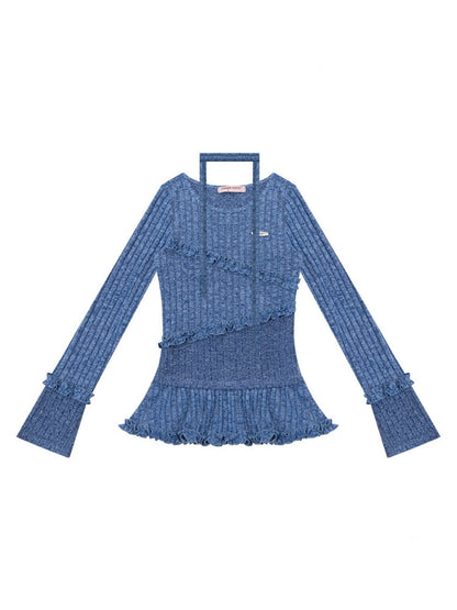 IrregularFungus Lace Hem Top Long Sleeve T-Shirt Knitted Base Shirt【s0000015278】