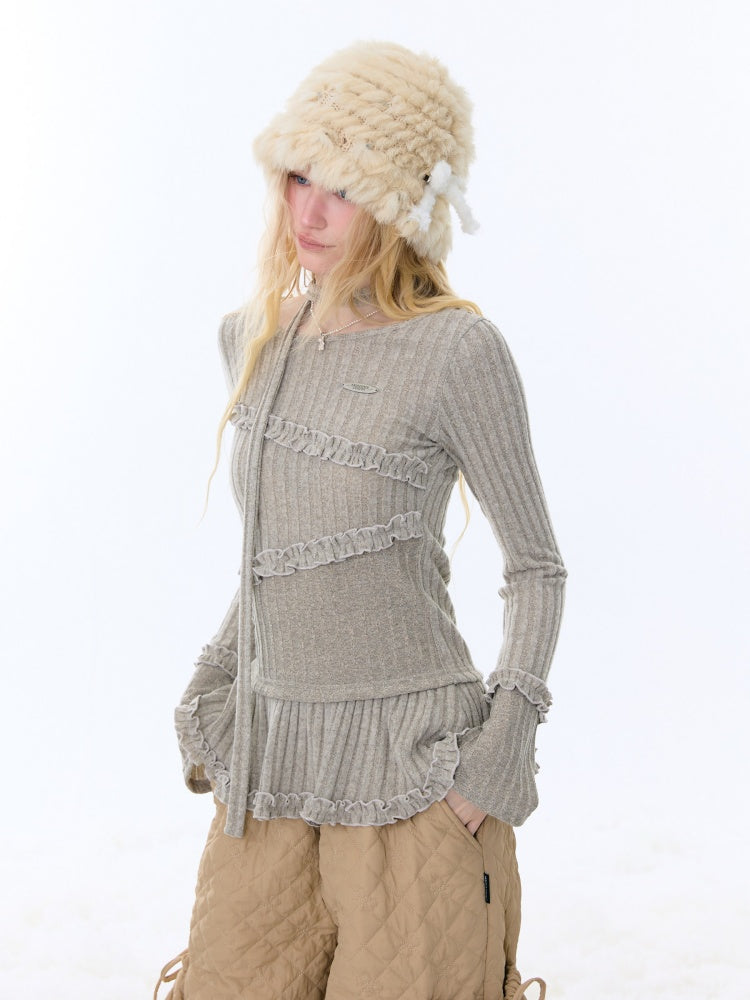 IrregularFungus Lace Hem Top Long Sleeve T-Shirt Knitted Base Shirt【s0000015278】