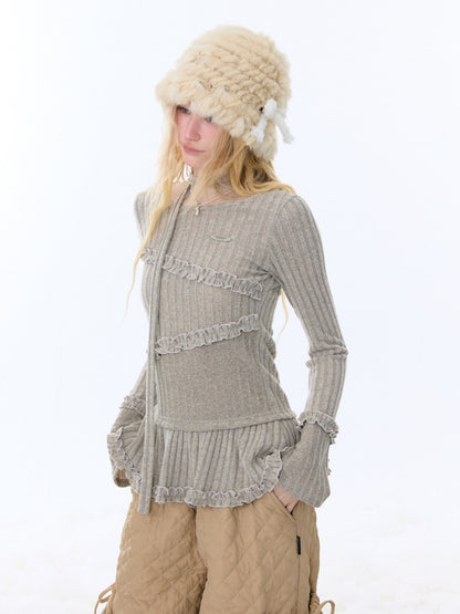 IrregularFungus Lace Hem Top Long Sleeve T-Shirt Knitted Base Shirt【s0000015278】