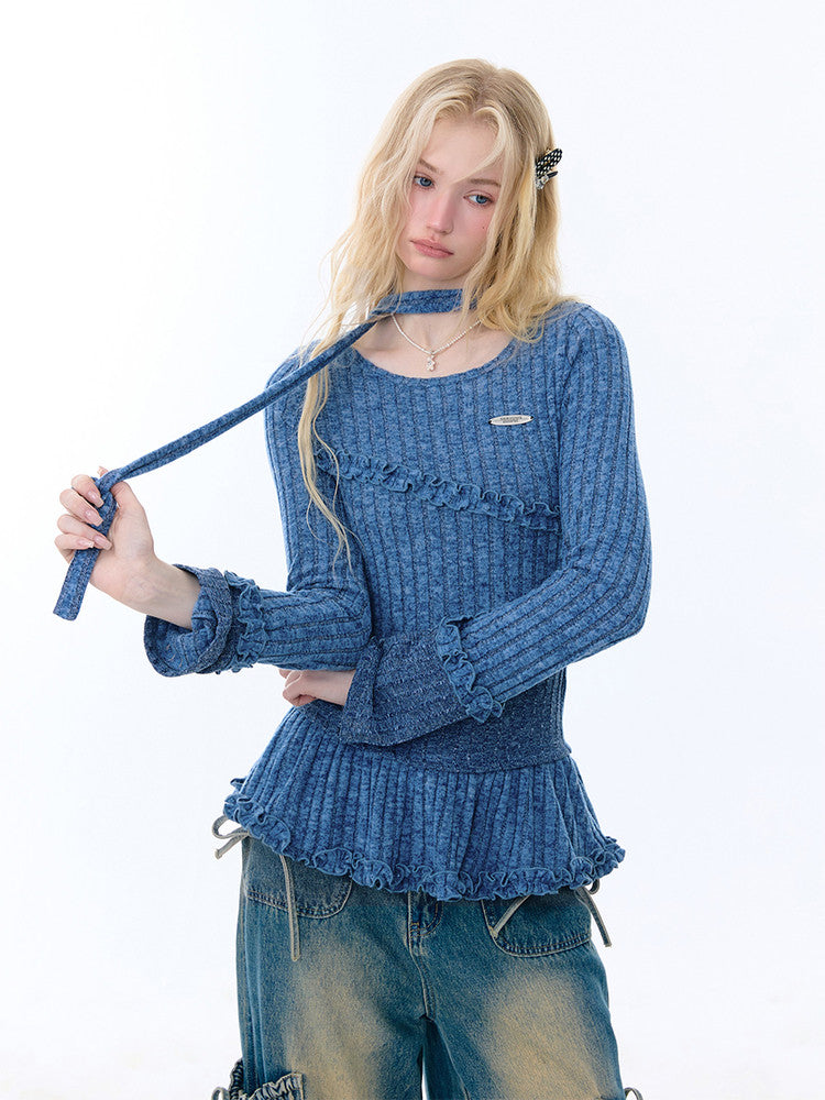 IrregularFungus Lace Hem Top Long Sleeve T-Shirt Knitted Base Shirt【s0000015278】