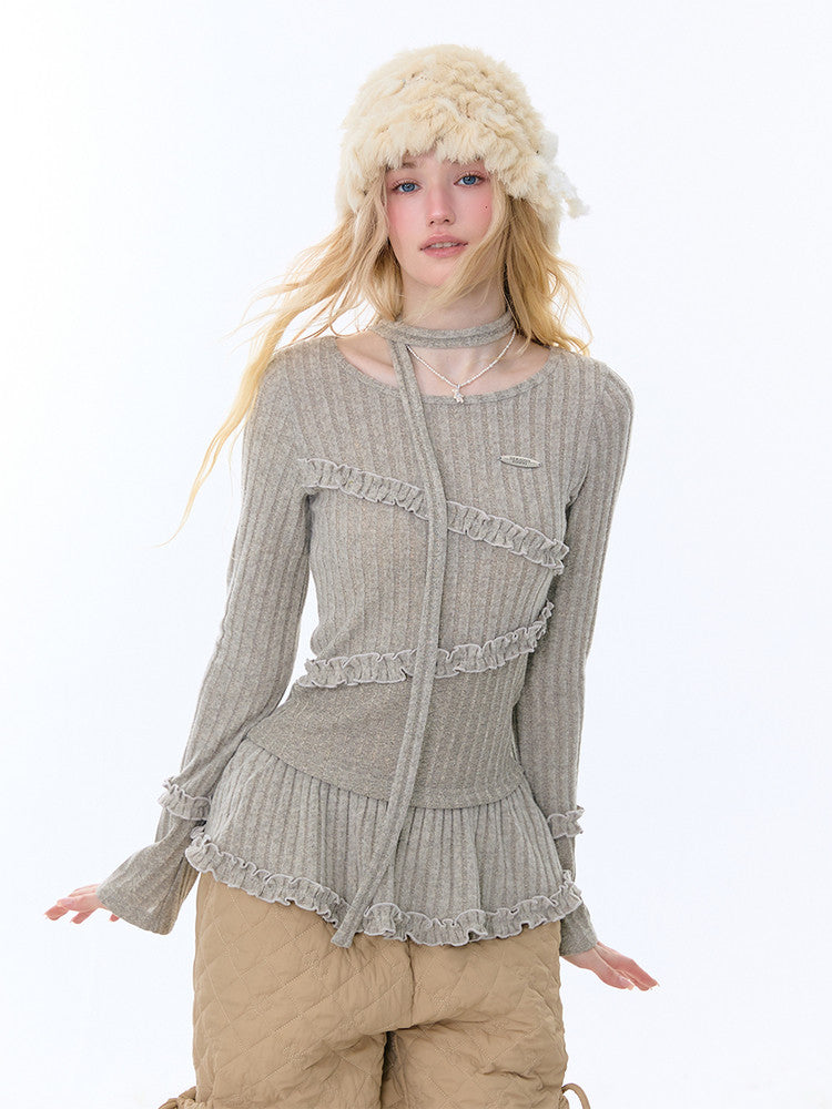 IrregularFungus Lace Hem Top Long Sleeve T-Shirt Knitted Base Shirt【s0000015278】