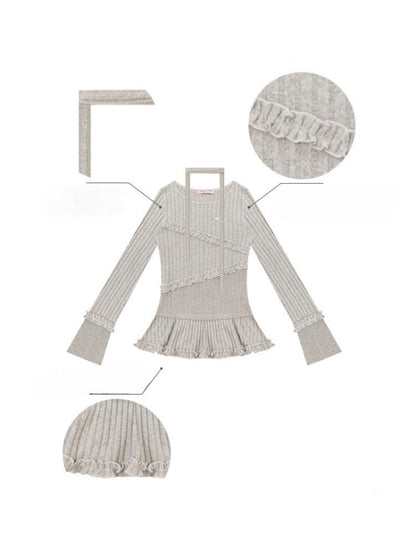 IrregularFungus Lace Hem Top Long Sleeve T-Shirt Knitted Base Shirt【s0000015278】