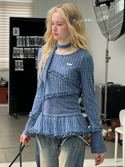IrregularFungus Lace Hem Top Long Sleeve T-Shirt Knitted Base Shirt【s0000015278】