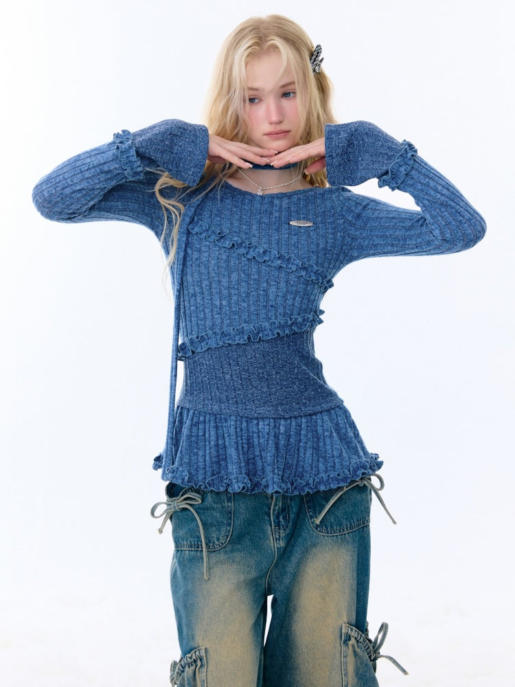 IrregularFungus Lace Hem Top Long Sleeve T-Shirt Knitted Base Shirt【s0000015278】