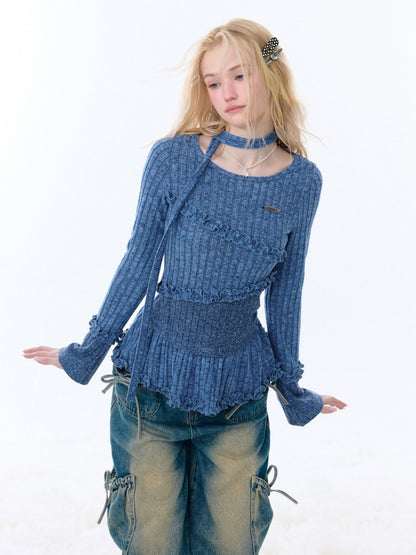 IrregularFungus Lace Hem Top Long Sleeve T-Shirt Knitted Base Shirt【s0000015278】