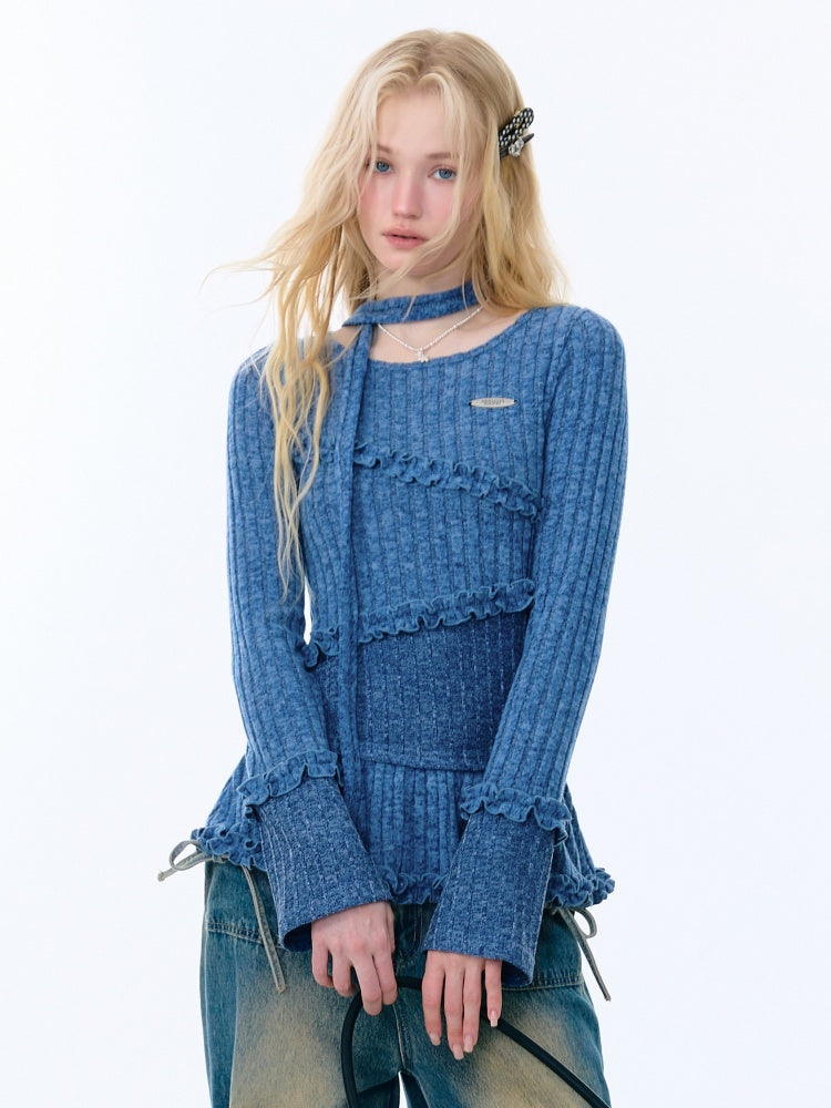 IrregularFungus Lace Hem Top Long Sleeve T-Shirt Knitted Base Shirt【s0000015278】