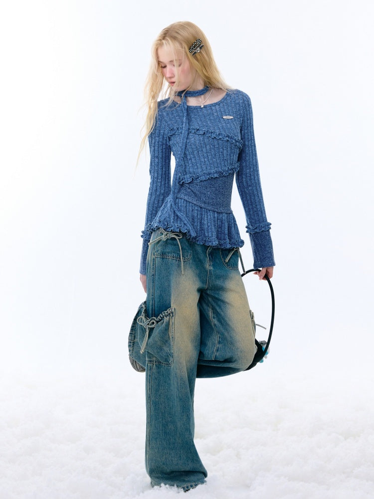 IrregularFungus Lace Hem Top Long Sleeve T-Shirt Knitted Base Shirt【s0000015278】