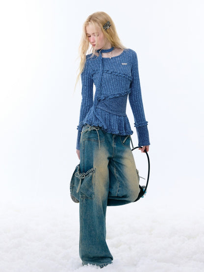 IrregularFungus Lace Hem Top Long Sleeve T-Shirt Knitted Base Shirt【s0000015278】
