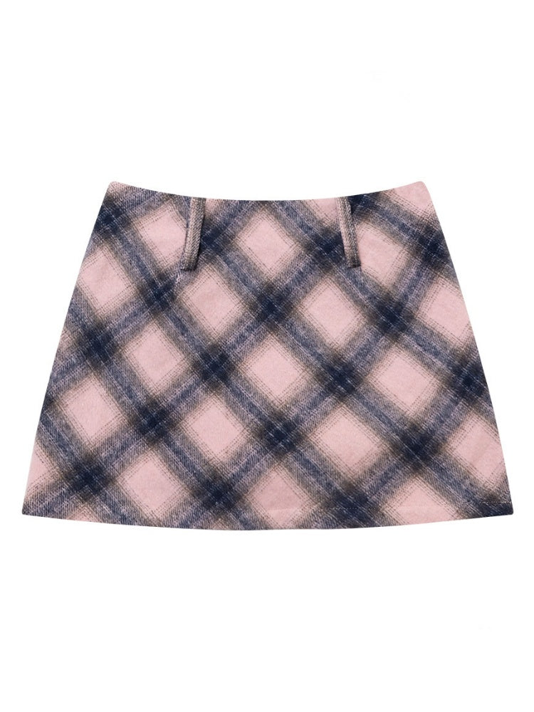 A-Line Plaid High Waist Slimming Half-Length Short Skirt【s0000015281】