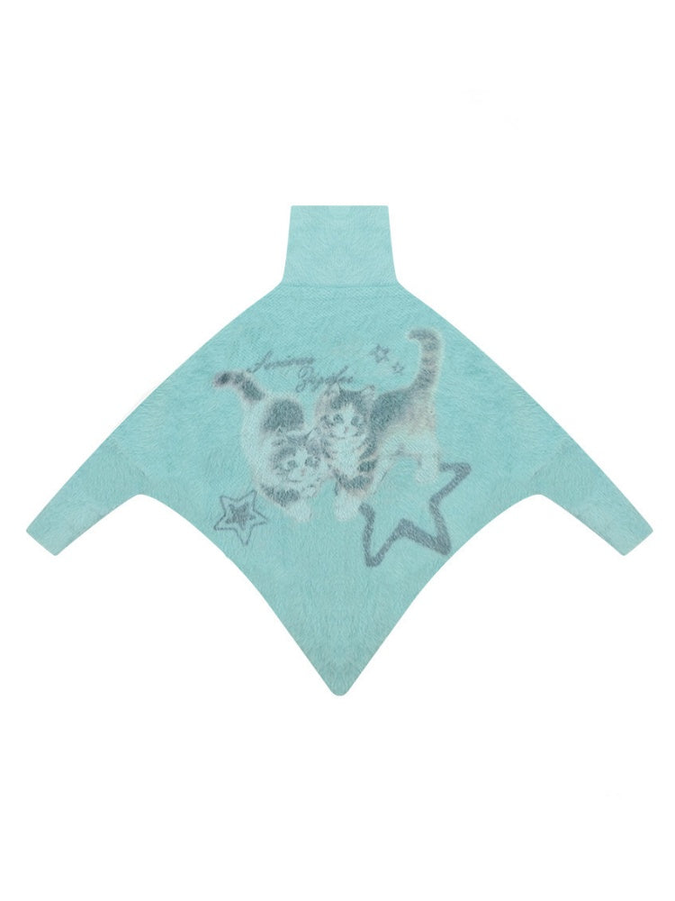 ''Star-Painted Velvet Cat''Cat Print Turtle Neck Cloak Knitted Sweater【s0000015283】