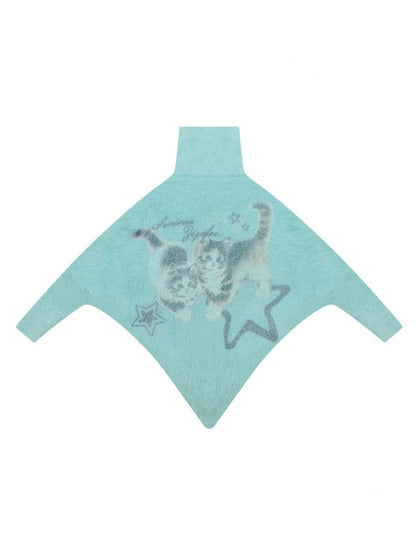 ''Star-Painted Velvet Cat''Cat Print Turtle Neck Cloak Knitted Sweater【s0000015283】