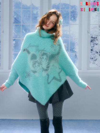 ''Star-Painted Velvet Cat''Cat Print Turtle Neck Cloak Knitted Sweater【s0000015283】