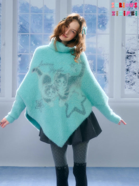 ''Star-Painted Velvet Cat''Cat Print Turtle Neck Cloak Knitted Sweater【s0000015283】