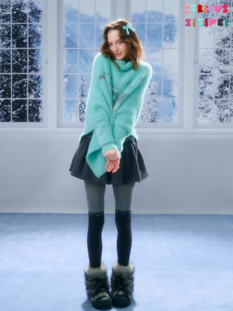 ''Star-Painted Velvet Cat''Cat Print Turtle Neck Cloak Knitted Sweater【s0000015283】