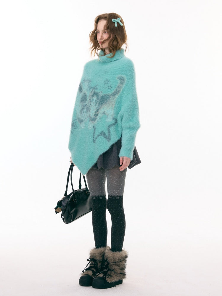 ''Star-Painted Velvet Cat''Cat Print Turtle Neck Cloak Knitted Sweater【s0000015283】