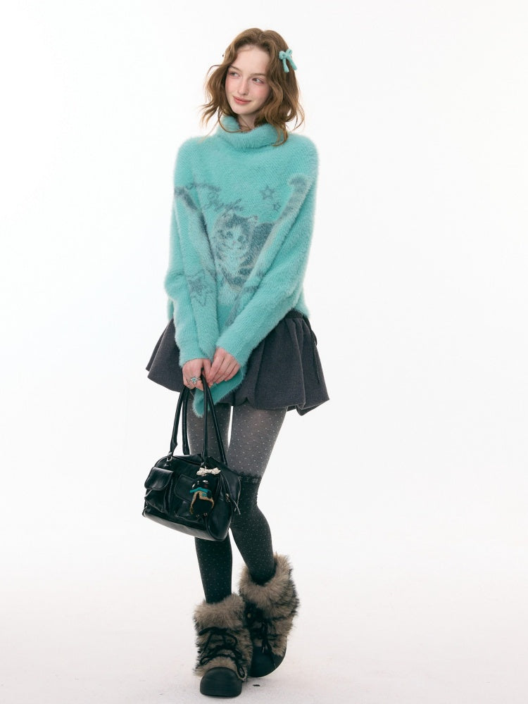 ''Star-Painted Velvet Cat''Cat Print Turtle Neck Cloak Knitted Sweater【s0000015283】