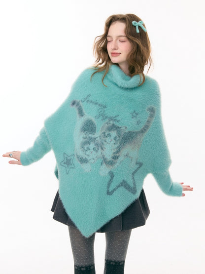 ''Star-Painted Velvet Cat''Cat Print Turtle Neck Cloak Knitted Sweater【s0000015283】