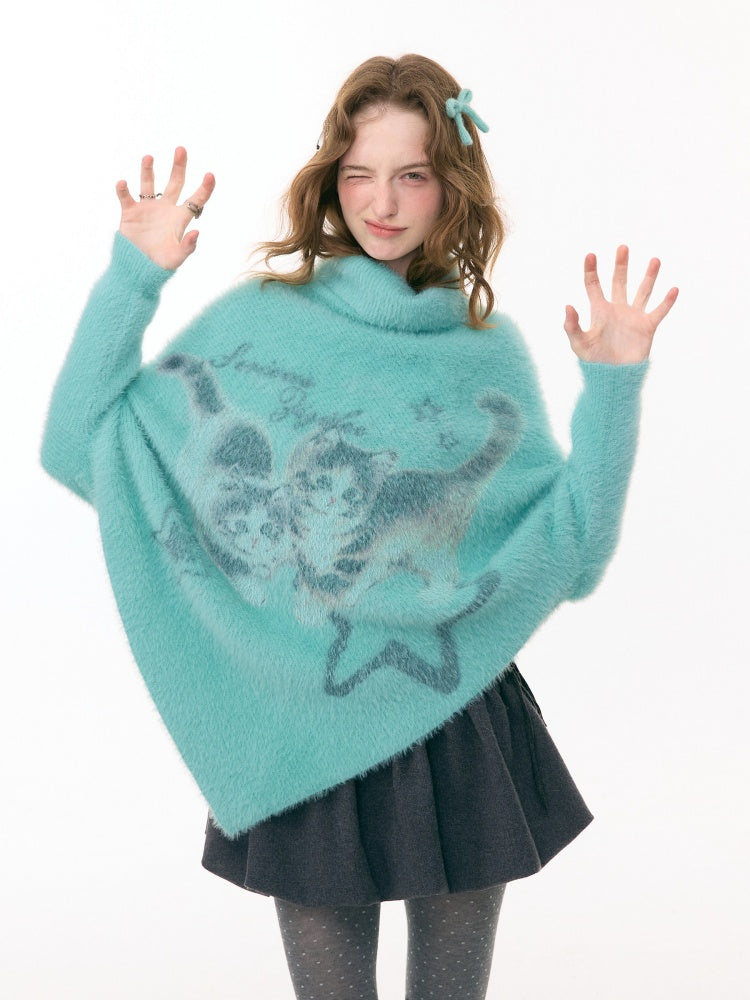 ''Star-Painted Velvet Cat''Cat Print Turtle Neck Cloak Knitted Sweater【s0000015283】