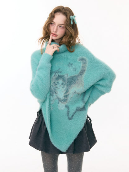 ''Star-Painted Velvet Cat''Cat Print Turtle Neck Cloak Knitted Sweater【s0000015283】