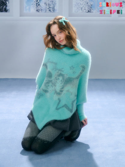 ''Star-Painted Velvet Cat''Cat Print Turtle Neck Cloak Knitted Sweater【s0000015283】
