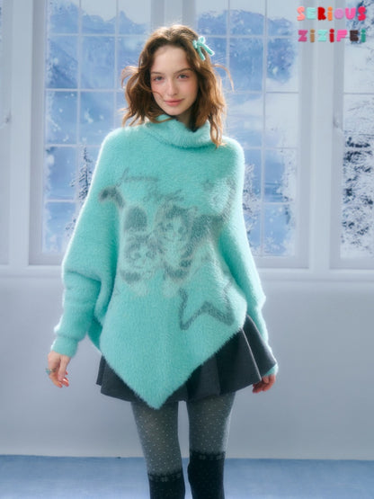''Star-Painted Velvet Cat''Cat Print Turtle Neck Cloak Knitted Sweater【s0000015283】