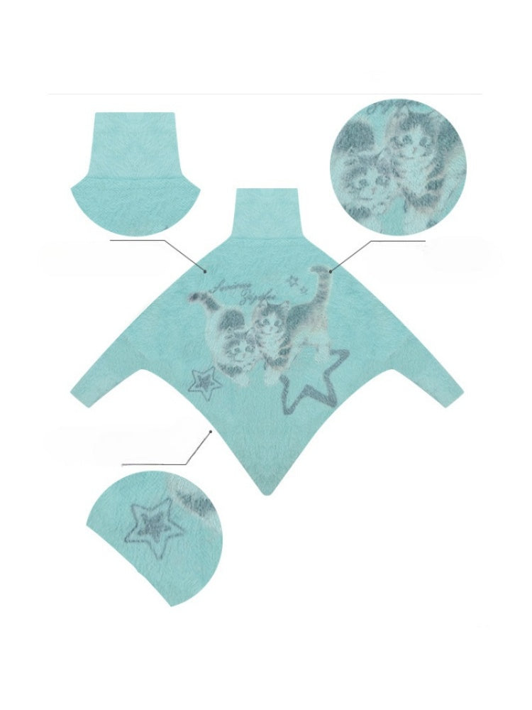 ''Star-Painted Velvet Cat''Cat Print Turtle Neck Cloak Knitted Sweater【s0000015283】