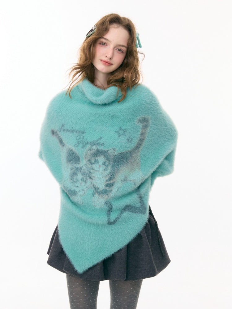 ''Star-Painted Velvet Cat''Cat Print Turtle Neck Cloak Knitted Sweater【s0000015283】